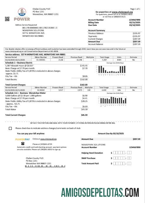 Para baixar modelo de conta de serviços públicos PUD do condado de Washington Chelan nos EUA em formatos Word e PDF
